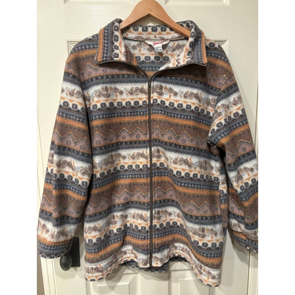 HABAND Vintage 90s Fleece Zip Up Sweater Size Large Western Print Long Sleeve